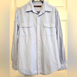 Perry Ellis Blue Linen Cotton Blend Tab Roll Long Sleeve Shirt, Size M